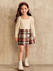 SHEIN 2 Pieces Young Girl Christmas Outfit - Girls Casual Ruched Crew Neck Gigot Sleeve Red Top And Classic Red & White Plaid Asymmetrical Hem Skirt Set, Fashion Versatile Wear For Christmas And Other Occasions, Autumn/Winter - Multicolor - View 3