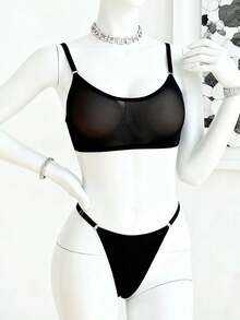 SHEIN 2pcs Sheer Mesh Bra And Panties Set, Sexy Transparent Lingerie Set For Large Bust