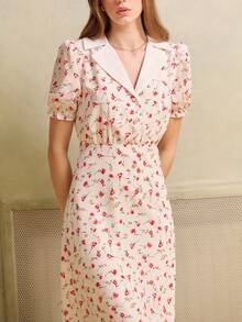 lacRébo 白色复古碎花纽扣前开襟中长连衣裙，泡泡袖翻领 - 白色 - 查看 8