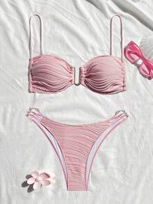 Swim Vcay Set Pakaian Renang Bikini Wanita Warna Polos Bertekstur, Baju Renang Push Up Berbantalan, Set Bikini Pink Berkerut yang Sopan, Musim Panas, Kasual, Pantai, Liburan, Rekreasi - Berwarna merah muda - View 6