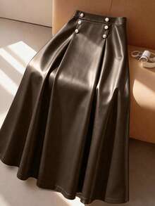 GlowEve CURVE 女士时尚优雅A字双排扣皮裙 - 棕色 - 查看 1