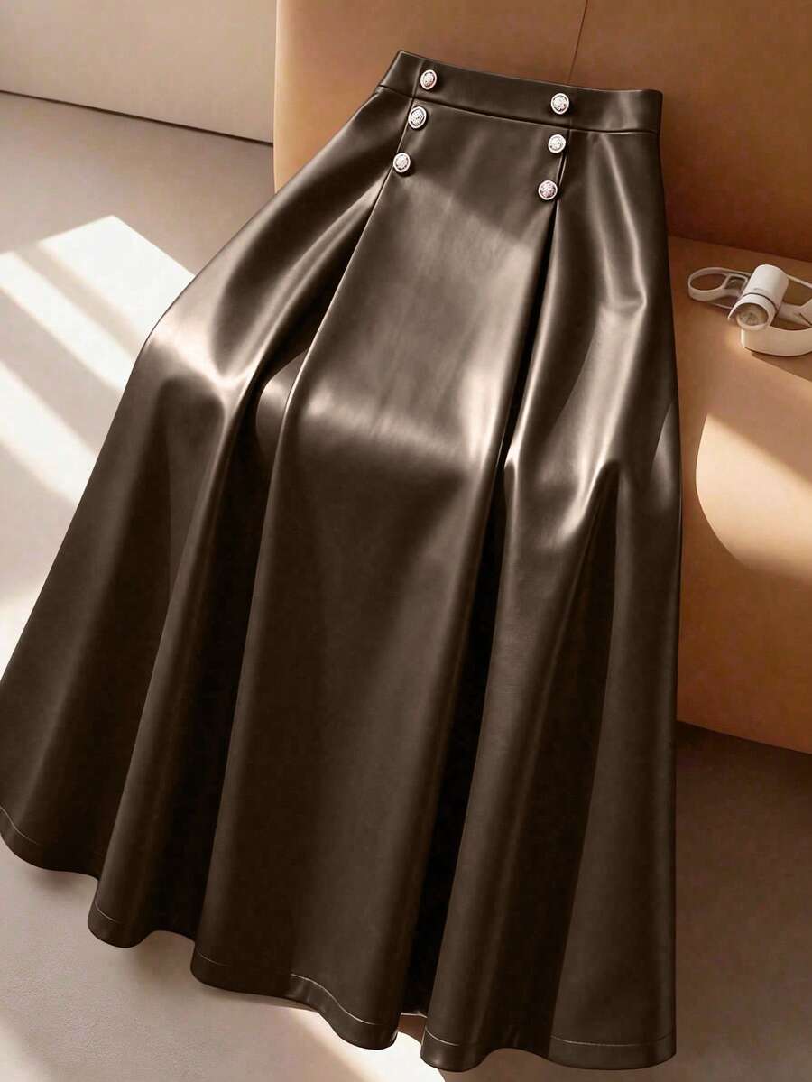 GlowEve CURVE 女士时尚优雅A字双排扣皮裙 - 棕色 - 查看 1