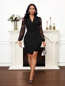 SHEIN Lady Women's Solid Color Minimalist V-Neck Sheer Long Sleeve Short Dress, Casual Everyday Wear - Black - View 7