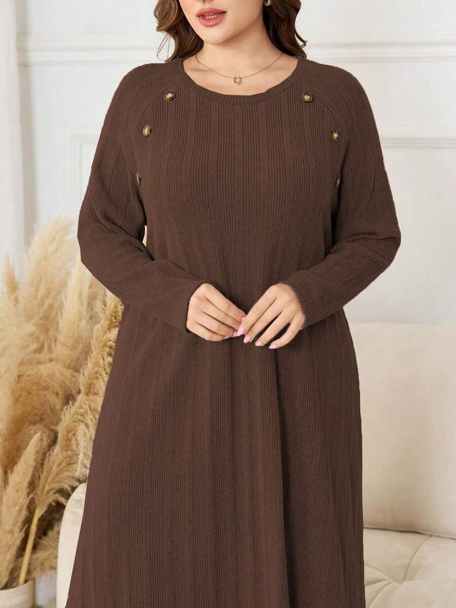 Lacomfia Knitted Ribbed Fleece Raglan Sleeve Long Loose Comfortable Casual Simple Plus Size Dress For Women - Brown - View 1
