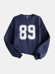 SHEIN Girlism Tween Girl Casual School Street Style Letter & Number Graphic Print Crew Neck Sweatshirt And Pleated Wide Leg Straight Pants Knit Tracksuit Set, Navy Blue Back To School Outfit - Navy Blue - View 4