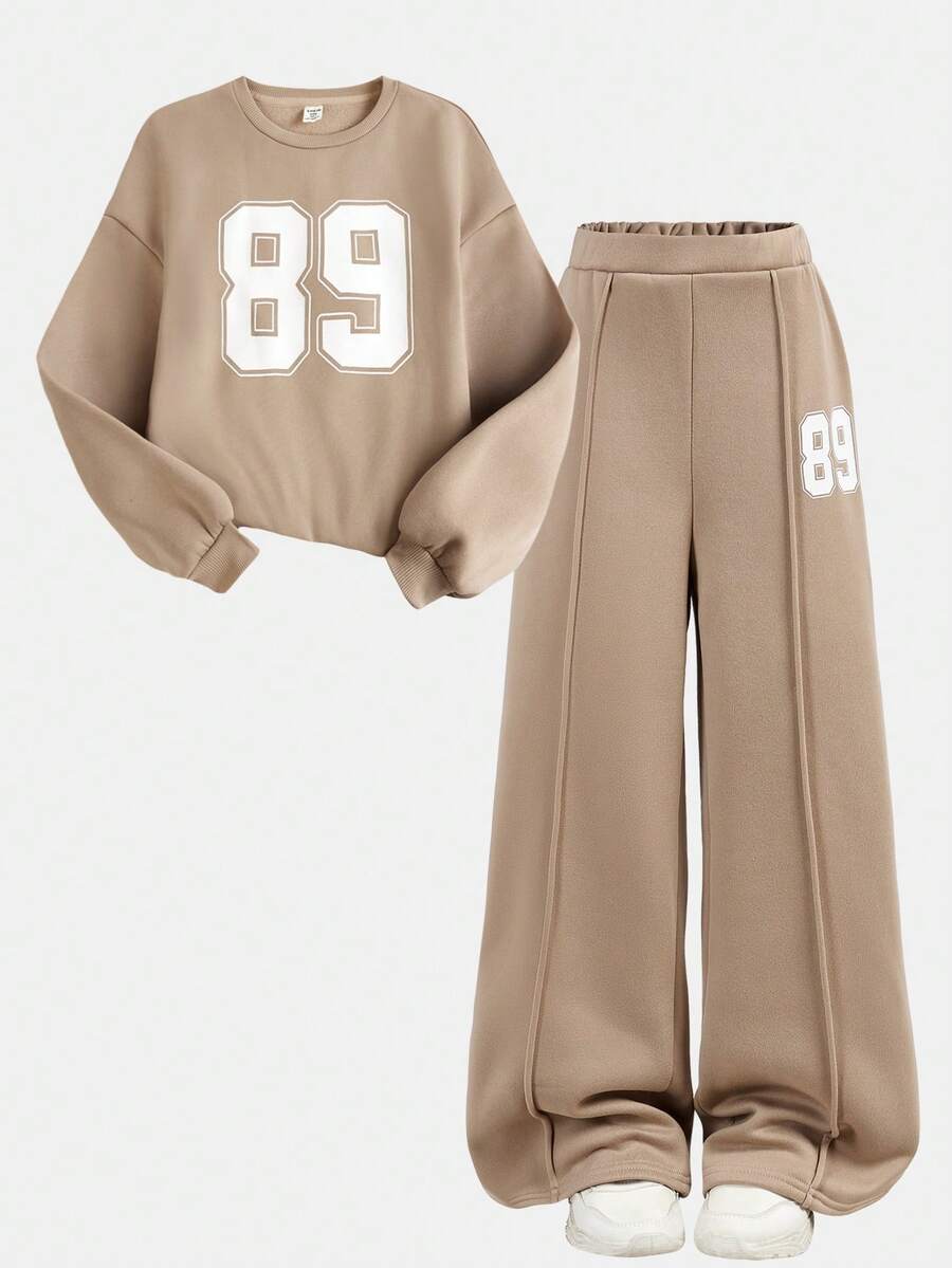 SHEIN Girlism 少女休闲校园街头风字母数字图案圆领卫衣搭配褶皱阔腿直筒裤针织运动套装，杏色返校装 - 杏色 - 查看 1
