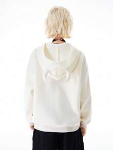 Bloopia 女士休闲时尚街头风字母星形刺绣恶魔角设计连帽保暖卫衣，秋冬款 - 白色 - 查看 2