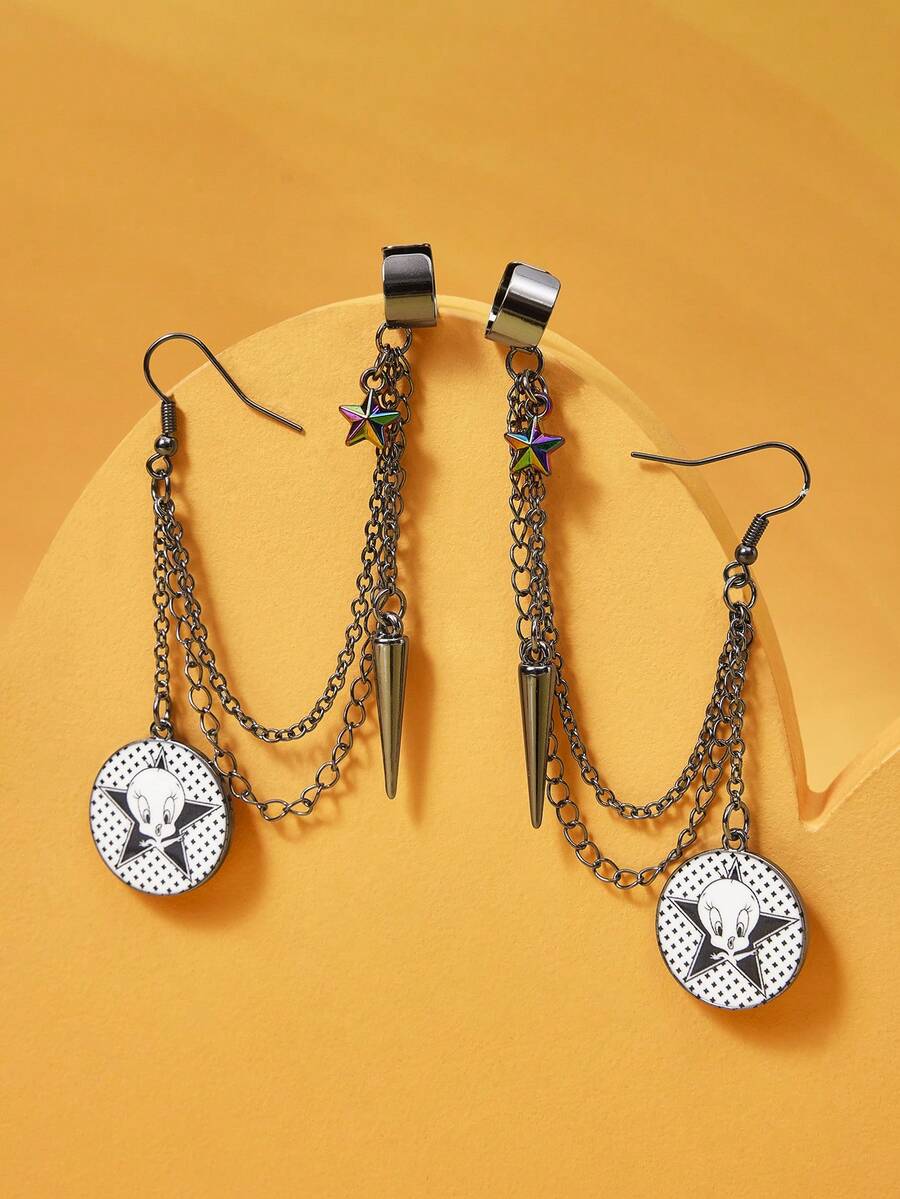 LOONEY TUNES X SHEIN Zinc Alloy Cartoon Element Print Earrings/Ear Clips, Luxurious Niche, Casual Chic, Suitable For Various Parties, Concerts, Festivals - Black - View 1