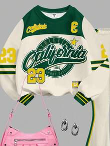 年轻女孩复古美式学院风运动数字23印花圆领长袖卫衣和喇叭裤套装 - 彩色 - 查看 4