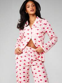 MISSGUIDED 心形印花缎面睡衣套装，纽扣长袖上衣搭配同款长裤，家居服 - 彩色 - 查看 3