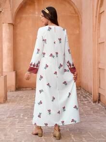 Teen Girls'Traditional Arab Robe,Middle Eastern Style,White,Autumn,Elegant,Party,Pink Floral Print,Embroidered Trim Abaya Dress - Multicolor - View 2