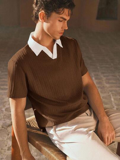 HIMLAND 男士梭织休闲宽松短袖Polo衫 棕色衬衫 棕色男士上衣 棕色针织衫 男士翻领衬衫 针织衫 男士棕色上衣