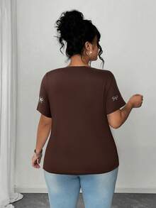 Elenzga Plus Size Women's Short Sleeve Rhinestone Embellished Bow Graphic T-Shirt - Brown - View 2