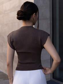 Andrea Bello Women's Solid Color Single-Breasted Cropped Casual Knit Vest, Autumn,Fall,Brown Sweater - Brown - View 2