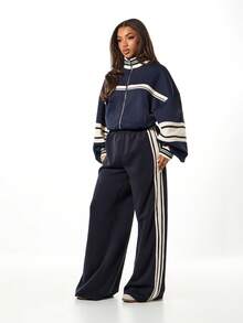 SUMWON WOMEN Oversized Boxy Zip Through Contrast Striped Track Top With Long Sleeves And Ribbed Collar Navy Casual Sweatshirt Jacket - Royal Blue - View 3
