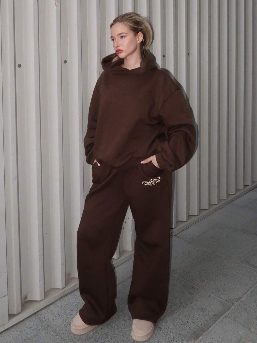 Turnttoni 印花阔腿慢跑裤，仅裤子，秋季舒适休闲慢跑裤，可爱休闲，适合咖啡俱乐部、圣诞节和感恩节等场合。 - 棕色 - 查看 1