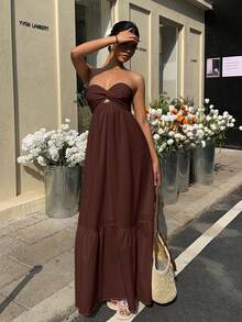 MainGRL 波西米亚风白色连衣裙，无肩带，适合春夏度假 - 棕色 - 查看 5