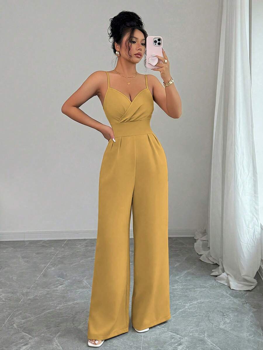 Elenzga Women's Elegant Solid Color Ruched Camisole Jumpsuit - Yellow - View 1