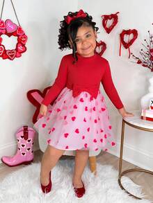 Young Girls Casual Red Knit Patchwork Heart Print Mesh Overlay Dress, Cute For Valentine's Day, Outdoor Wear - Red - View 5