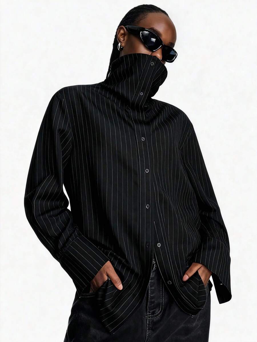 LYSMO 2025 New Arrival Women's Simple Black Striped Long Sleeve Single-Breasted Casual Loose Shirt, Business Casual Shirt, Black Collar Shirt, Suitable For Teachers, Airport Travel, Party Long Sleeve Striped Shirt Stripe Shirt Pinstripe Shirt Black Shirt Long Sleeve Shirt - Black - View 1