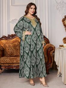 Al Najma Plus Size Women's Turkish Style Long Cardigan With Cashew Print, Floral Trim, Arabic Traditional Long Robe Kaftan Jalabiya Dress - Dark Green - View 3