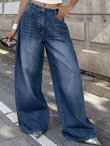 DAZY Quần jeans nữ ống rộng dáng suông có túi, phong cách thường ngày đa năng Y2K - Rửa tối - Xem 6