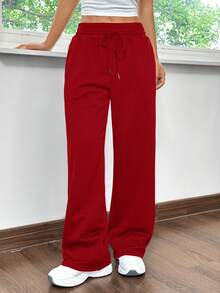 SHEIN EZwear 红色直筒宽松针织休闲运动裤 - 紅色 - 查看 6