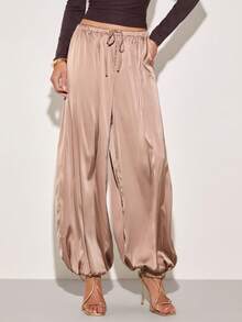 COSMINA Women's Satin Waist Tie Ruched Wide Leg Loose Harem Pants, Drawstring Pants. Satin Pants - Brown - View 1
