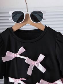SHEIN Girls Elegant All-Match Versatile 3D Bow Pleated Short Sleeve Round Neck Cropped Knit T-Shirt + Fitted Flare Pants Knit 2-Piece Set - Pink - View 5