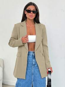 SHEIN Cottnline 女士纯色翻领长袖休闲办公西装外套 - 米色 - 查看 5
