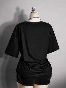 SHEIN ICON 女士加大码圆领短袖创意时尚骷髅图案T恤 - 黑色 - 查看 10
