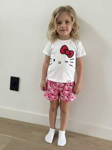 HELLO KITTY AND FRIENDS | SHEIN Young Girl Cartoon Cat Sweet Print Knitted Round Neck T-Shirt And Shorts Pajama Set, Spring/Summer - Pink - View 2