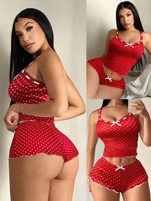 SHEIN SXY 女士休闲波点睡衣套装（2件套），吊带背心+短裤 - 紅色 - 查看 1