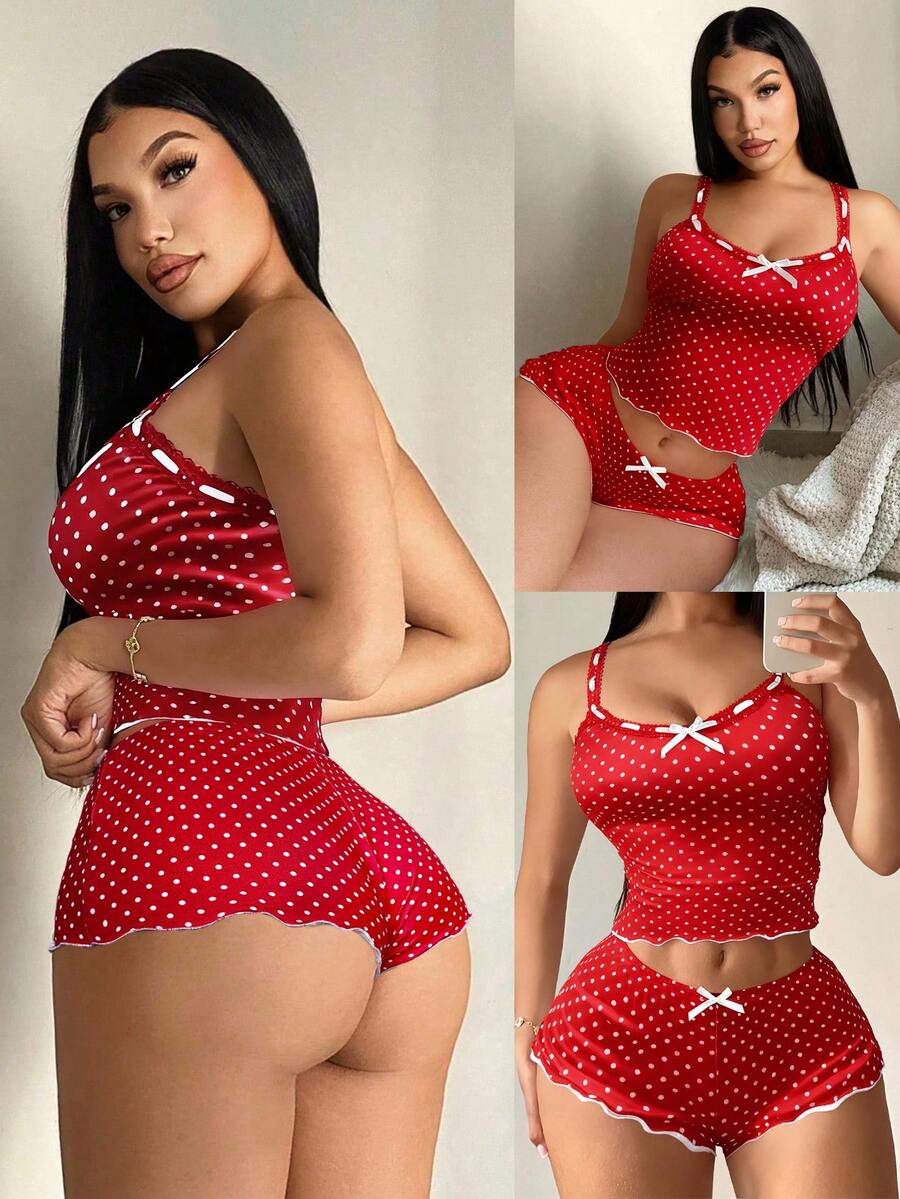 SHEIN SXY 女士休闲波点睡衣套装（2件套），吊带背心+短裤 - 紅色 - 查看 1