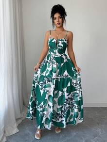 Elenzga Women's New Fashion Spaghetti Strap Waist Flared Dress, Leaf Print, Summer Vacation - Green - View 5