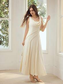 MOTF PREMIUM ELEGANT COWL NECK FLARED HEM LONG DRESS - Apricot - View 5