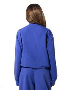 SUMWON WOMEN Zip Through Track Jacket With White Star Print Pattern Long Sleeve Casual Outerwear For Spring Fall Winter - Blue - View 2