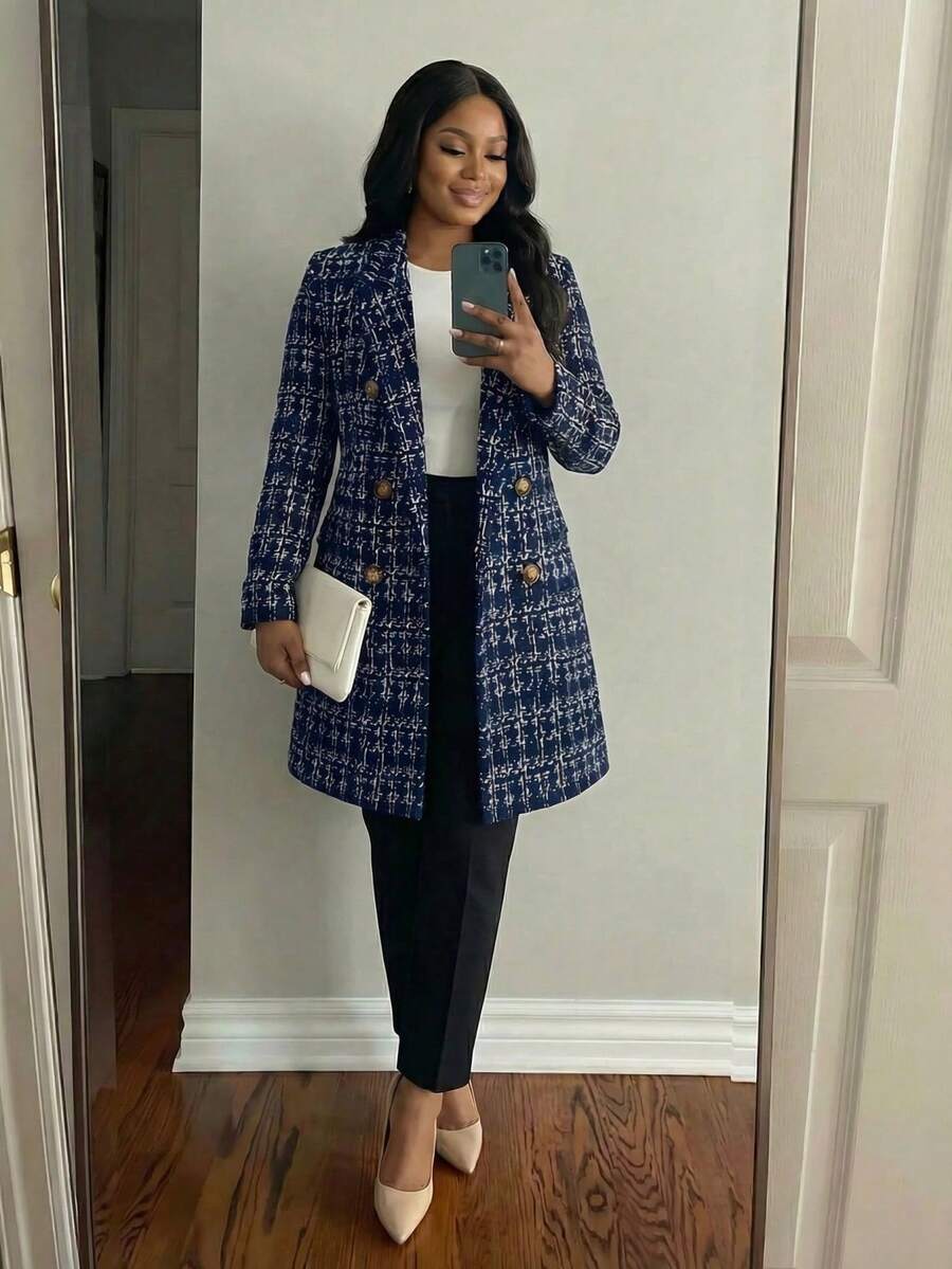 SHEIN Lady 2025 New Autumn And Winter Elegant Commuting Office Navy Blue And White Plaid Knitted Lapel Button Long Sleeve Plus Size Blazers Plus Size Coats Stylish Clothing Collection  Winter Clothes - Navy Blue - View 1