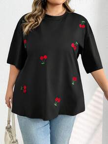 SHEIN CURVE+ 加大码女式圆领短袖宽松刺绣T恤/情人节/大码女式圆领短袖宽松T恤 - 黑色 - 查看 3