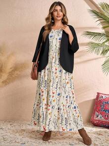Rusticease 2pcs Plus Size Women Beige Autumn Boho Vacation Holiday Floral Print Dress With Cardigan Set,Early Spring Casual Jacket,Flowy Outfits - Multicolor - View 4