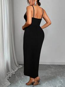 Elenzga 大码女式纯色弹力性感修身吊带裙，优雅高开衩，前幅褶裥设计，适合购物、通勤、派对和日常穿着。 - 黑色 - 查看 2