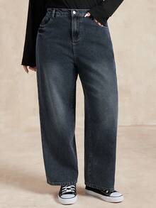 Dazy Plus Vintage Washed Loose Straight Leg Casual Long Jeans, Plus Size For Women, All Season