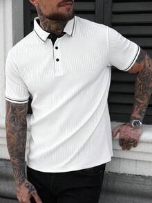 Manfinity Homme Camisa polo casual de manga corta con rayas para hombre - Blanco - Ver 5