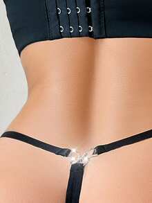 Women's Chain Linked Butterfly Crystal Decoration G-String Panty, Rave - Black - View 5