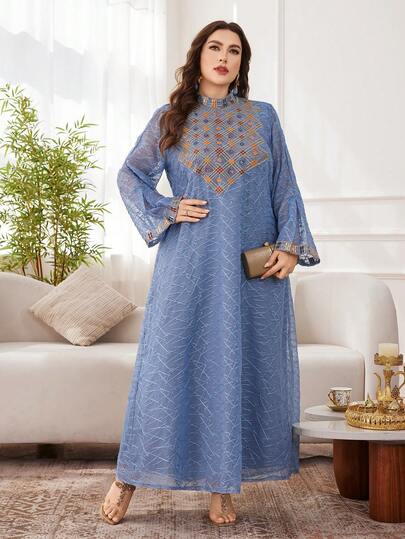 SHEIN Najma Plus Size Women's Fashion Sequin Embroidered Arabic Style Dress