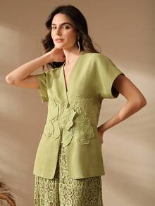 Anewsta Women's Elegant Floral Embellished Waist Fitted Blouse, Suitable For Party, Birthday, Commute, Spring/Summer Light Green Top Floral Applique Top 3d Flower Top Filipiniana Blouse - Green - View 6