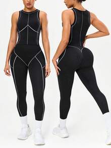 SHEIN Sports Women's Seamless Black And White Camisole,3/4 Leggings Sports Set,Summer Athleisure,Gym Yoga Active Wear,Shaping Compression Workout Set,Daily Wear - Black and White - View 2