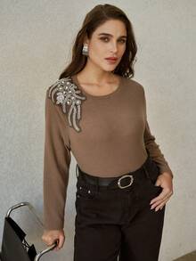 MOTF PREMIUM CAMISETA AJUSTADA CON DETALLES DE RHINESTONE TALLA GRANDE - Café integral - Ver 6
