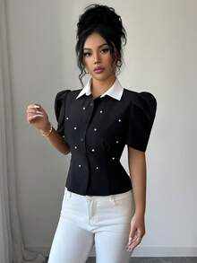SHEIN Elenzya 优雅修身黑白撞色珍珠装饰开襟泡泡袖女式衬衫 - 黑色 - 查看 4