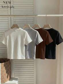 GlowEve 4pcs/Set Women's Solid Color Embroidered Round Neck Short Sleeve Fitted Cropped T-Shirt, Suitable For Daily Wear